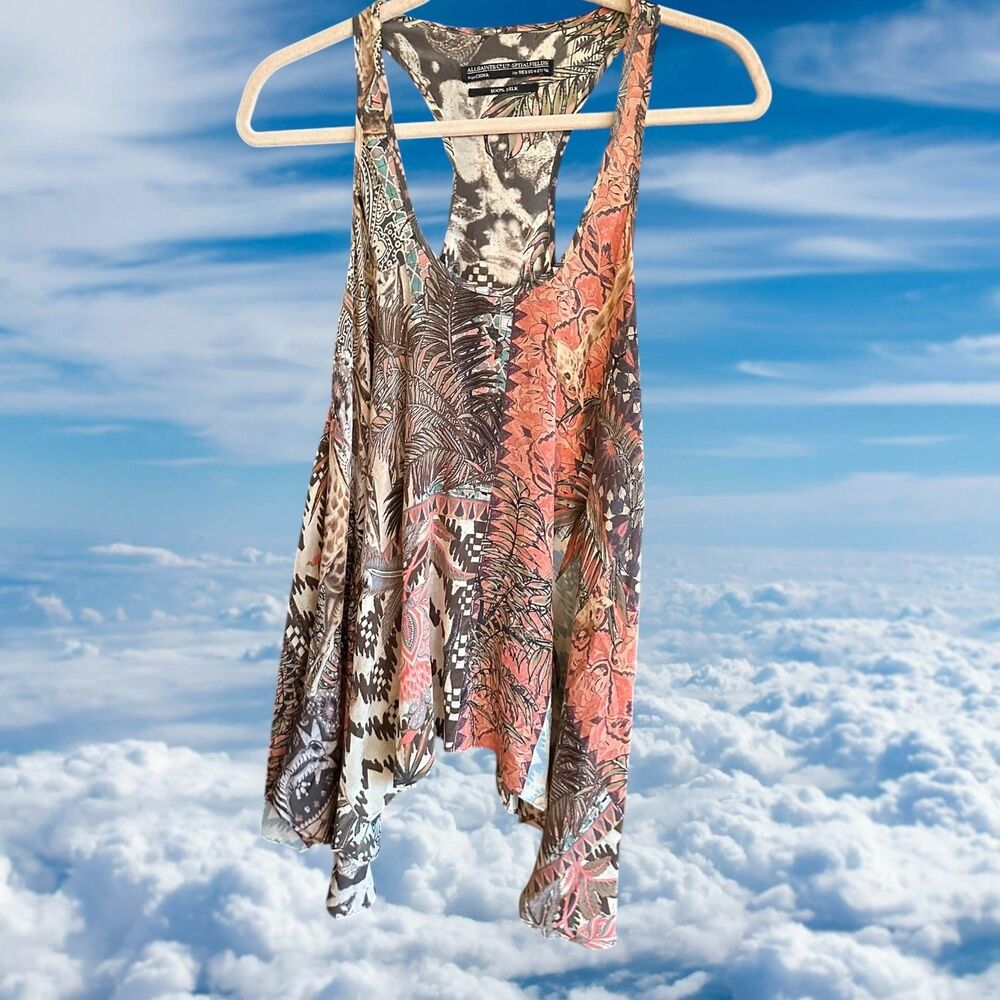 All Saints Spitalfields 4 Racer Back 100% Silk Tank Tunic Draped Trapeze Animals